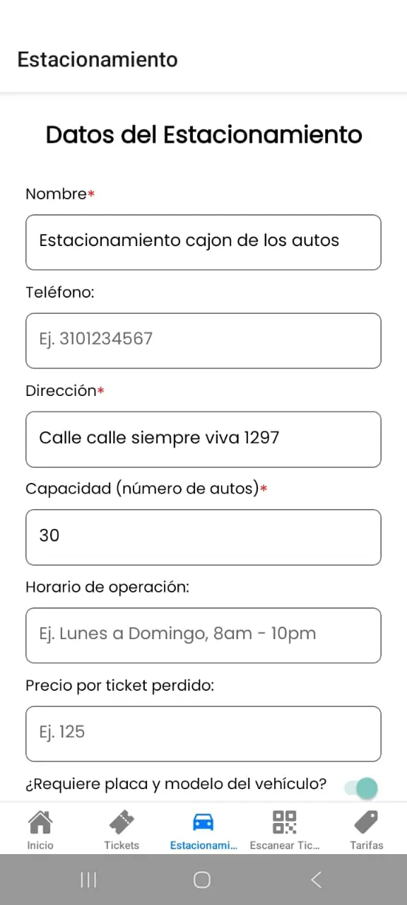 Configuración del estacionamiento